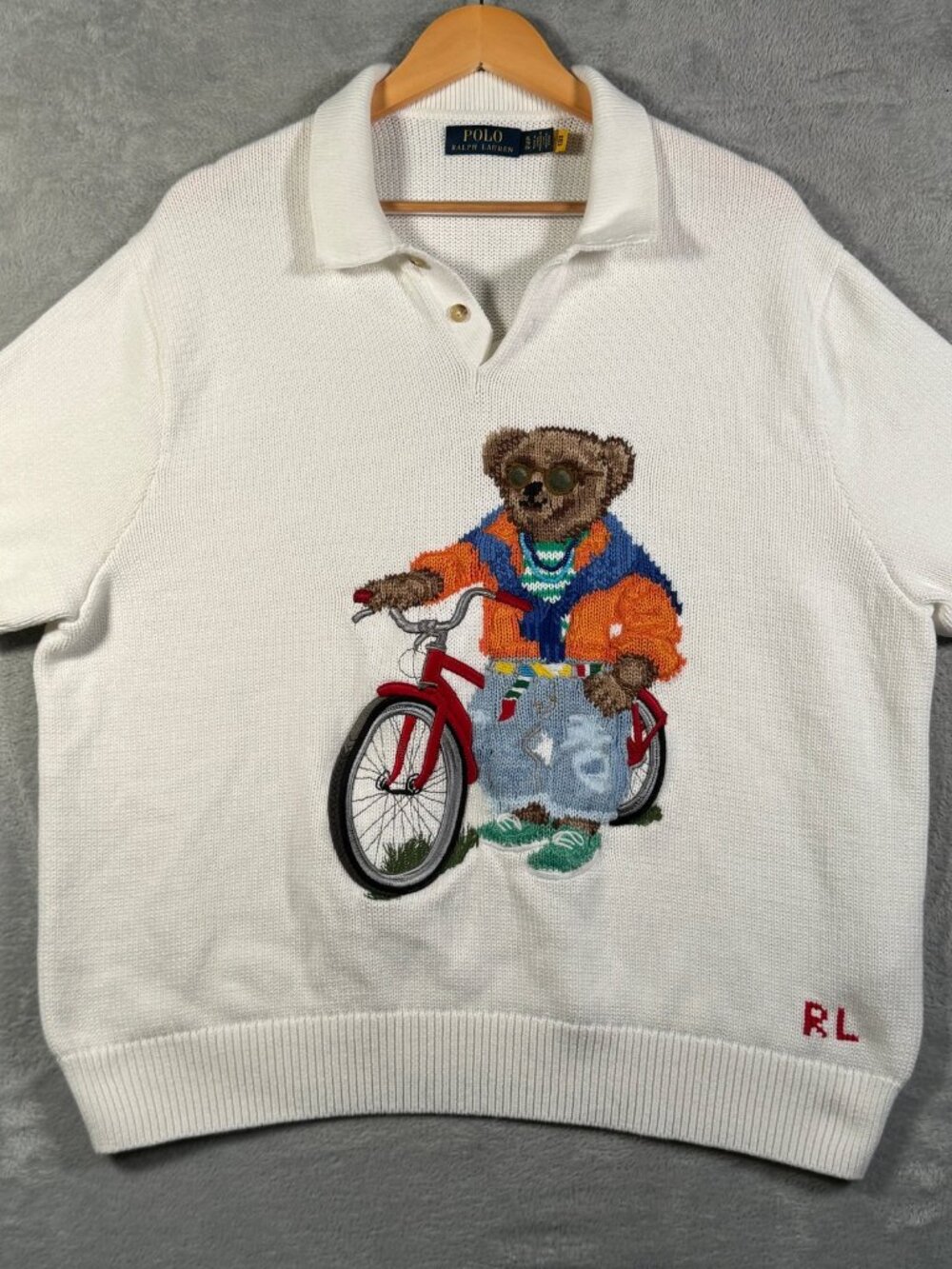 Polo Ralph Lauren Sweater Mens XL White Polo Bear Bicycle Short Sleeve Knit